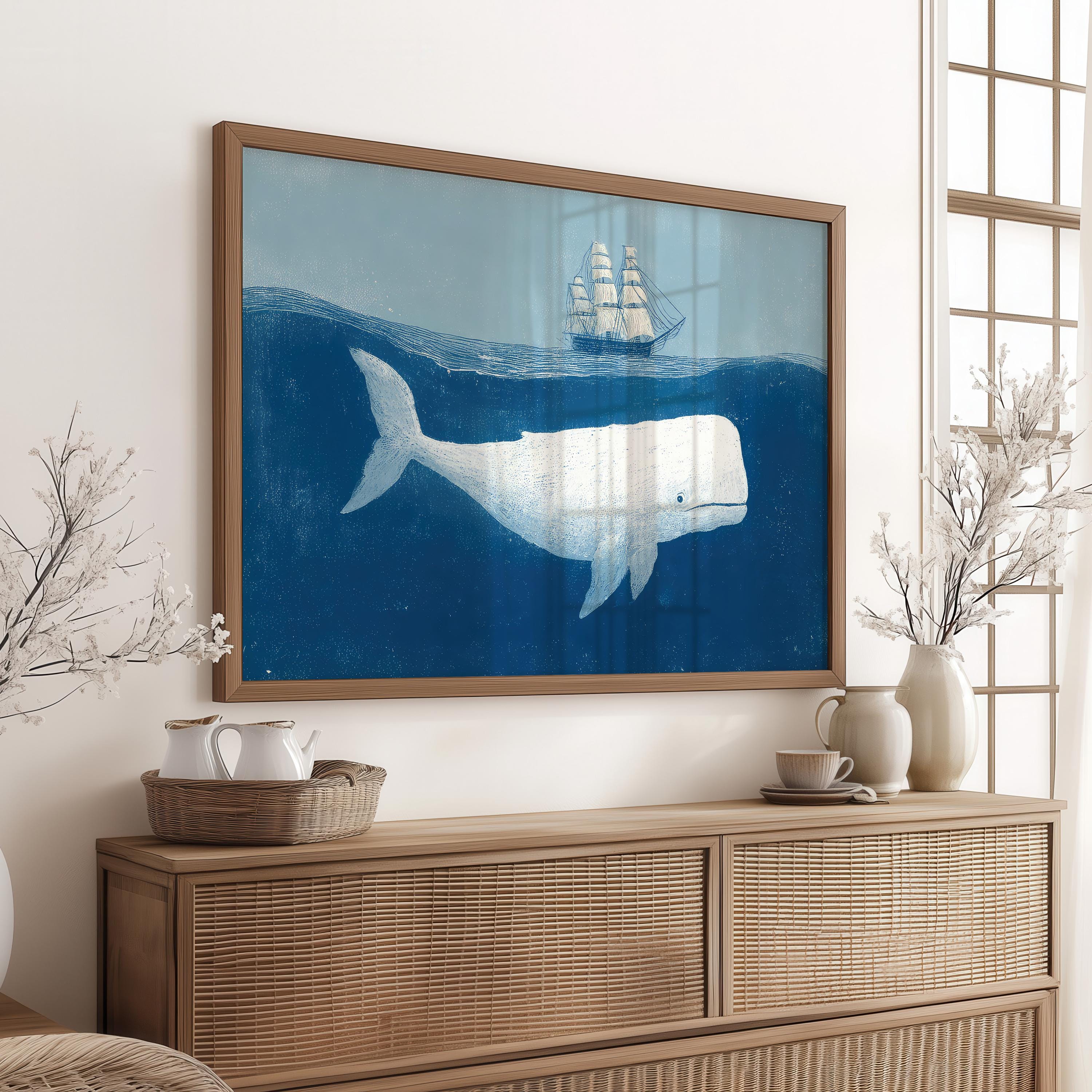 クジラと船の水彩画プリント | 海に浮かぶ船 | ヴィンテージ船 | 巨大
