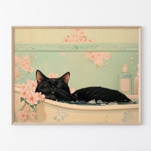 Black cat in a bathtub Painting Print | Japanese Bathroom Wall Art | Relaxation poster | Japan cat wall art | Neutral Japandi Print | BIC8