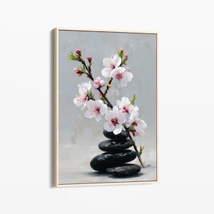 Floral Zen Stones White Oil Painting Canvas Print | Bathroom Wall Decor | Bathroom Canvas Art Prints | Bathroom Art | New House Gift | FZS1