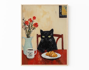 Cafe Croissant Cat Oil Painting Print | Kitchen Print | Bistro Coffee Poster | Un Cafe Sil Vous Plait | Kitchen Decor | Unique Prints | CCC2