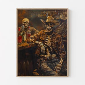 Stampa a olio su tela "Wild West Remains Skeleton Cowboy In a Bar" / Arte murale Western / Arte Cowboy / Regalo per viaggio su strada / Stampa sud-occidentale / WWR3