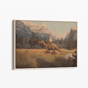 Vintage Dinosaur Cowgirl Oil Painting Canvas Print | Western Jurassic Dinosaur Print | Gift for Him | Funny Print | Midwestern Decor | VDG7