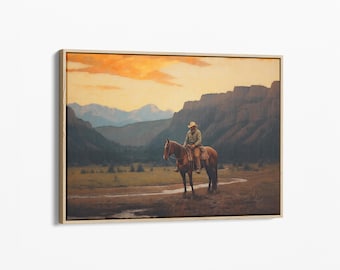 Vintage Landscape Cowboy Oil Painting Canvas Print, Western Wall Art, Mid-Century Wall Decor, Rustic Southwest Decor Stretched Canvas VLCO05