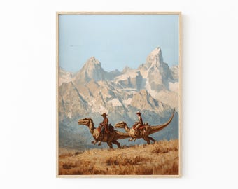Vintage Cowboy Riding Dinosaur Together Painting Print | Western Jurassic Wall Art | Funny Gift for Him | GPS3
