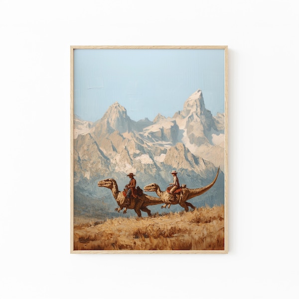 Vintage Cowboy Riding Dinosaur Together Painting Print | Western Jurassic Wall Art | Funny Gift for Him | GPS3
