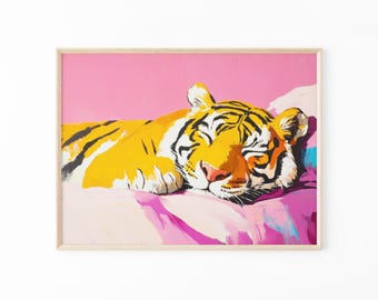 Oljemålning med tiger i sängen | Maximalistisk väggdekoration | Tiger sovrumsdekoration | STIA5