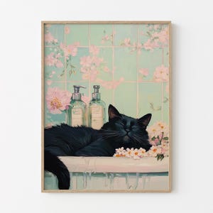 Black cat in a bathtub Painting Print | Japanese Bathroom Wall Art | Relaxation poster | Japan cat wall art | Neutral Japandi Print | BIC4