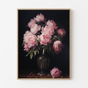 Vintage Moody Dark Peony Print, Dark Academia Botanical Wall Art Floral Still Life Oil Painting #VMD5