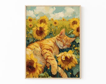 Impresión de pintura al óleo vintage de un gato con girasoles / Inspirada en la naturaleza muerta de los girasoles de Van Gogh / Regalo de bellas artes para pared / VSC2