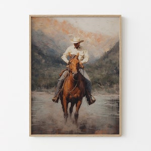 Stampa a olio di paesaggio vintage con cowboy, arte murale occidentale, decorazione murale di metà secolo, decorazione rustica del sud-ovest VLCO08