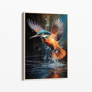 Hermoso martín pescador saltando del agua, impresión de pintura al óleo, arte en lienzo de martín pescador, lienzo para pared, regalos de martín pescador BKD1