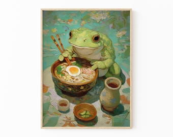 Impressão de pintura a óleo de um sapo comendo ramen | Arte de parede com macarrão ramen | Decoração de cozinha original | Pintura de inspiração japonesa | Arte de parede exclusiva | RFE8