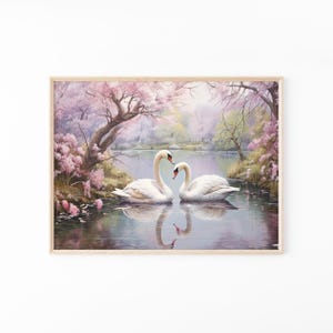 Kersenbloesem liefdevolle zwanen olieverfschilderij, kunst aan de muur matte print, hart zwaan print, cadeau voor koppels, cadeau voor zwaanliefhebbers