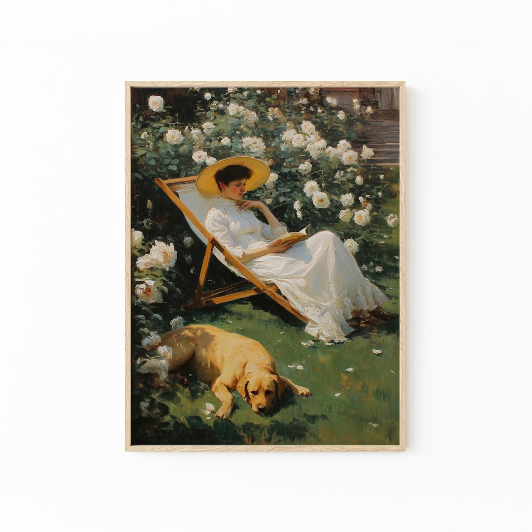 ヴィンテージガーデンの女性と犬が読書をする油絵プリント | 日光の