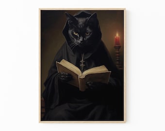 Vintage Black Cat Witch Oil Painting Print, Vintage Poster, Dark Academia, Gothic Victorian, Black Cat Art, Witchy Decor BCTH5