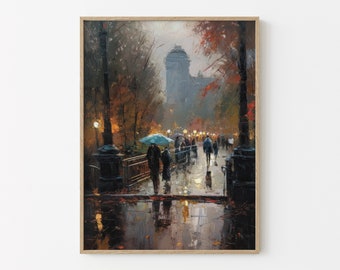Rainy Day in New York City Central Park Oil Painting, Wall Art Matte Print, New York Gift, Rainy Landscape Wall Art, Bedroom Home Decor