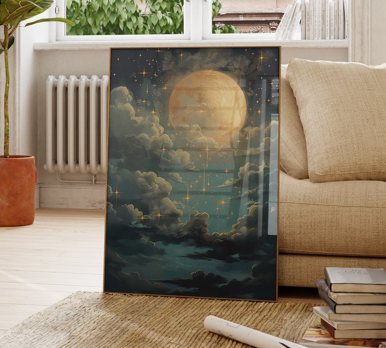 Vintage Enchanting Celestial Moon Art Oil Painting Dark Academia & Dark Cottagecore Night Sky Painting Moon Art Print ECM5 image 2