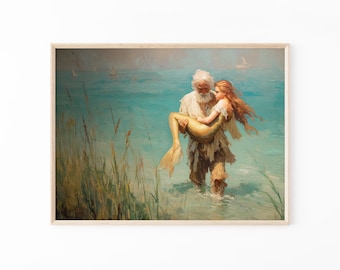 Mermaid Vintage Painting Print | Quirky Fantasy Couples Wall Art for Nautical Decor | CWB3