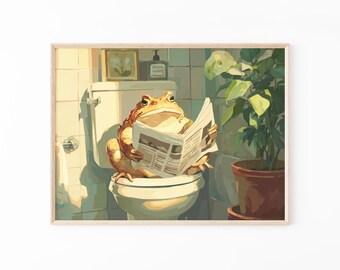 Pintura al óleo con estampado de rana japonesa / Impresión de rana para baño / Arte Hasui Kawase / Arte mural japonés / Arte mural divertido para baño / FPO4