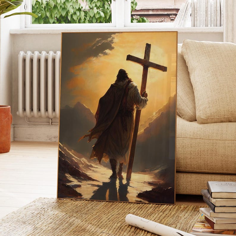 a person carrying a large cross, walking through a mountainous landscape under a cloudy sky.