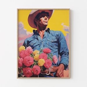 Arte floreale da cowboy, stampa artistica da cowboy vintage, stampa artistica western, regalo da cowboy western, decorazione da cowboy retrò, dipinto da cowboy western FCA6