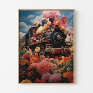 Industrial Blossom - Retro Inspired Surrealist Floral Collage, 1950s, Steam Engine, Surrealism, Art Matte Print