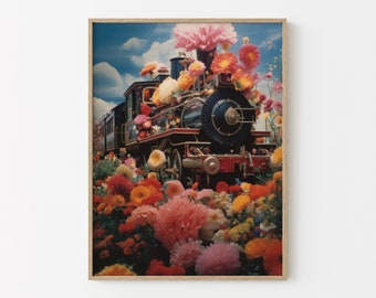 Industrial Blossom - Retro Inspired Surrealist Floral Collage, 1950s, Steam Engine, Surrealism, Art Matte Print