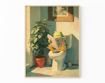 Pintura al óleo con estampado de rana japonesa / Impresión de rana para baño / Arte Hasui Kawase / Arte mural japonés / Arte mural divertido para baño / FPO1