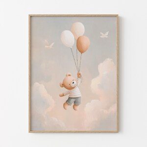 Stampa artistica con orsetto di peluche per cameretta dei bambini / Nuvola / Maschio Femmina / Genere Unisex Neutro Beige Naturale Palloncino Boho / BTN2