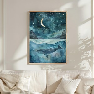 a painting of a whale swimming in the ocean under a starry night sky, with a crescent moon and stars above.