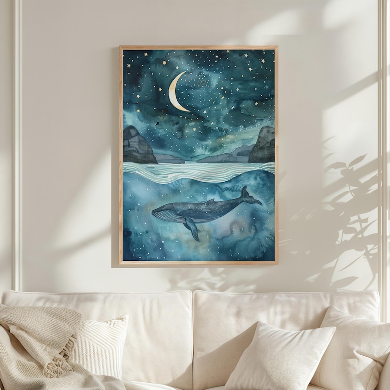 a painting of a whale swimming in the ocean under a starry night sky, with a crescent moon and stars above.