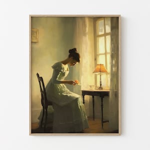 Vintage European Portrait Woman Reading Painting Print, Interior Scene, Antique Painting, Antique Wall Decor