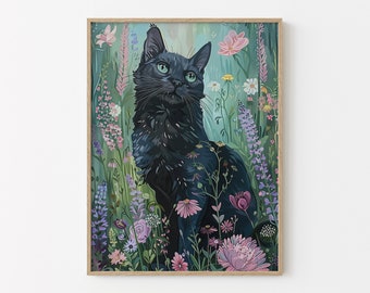 Cat in a Garden Art Print | Black Cat In A Garden | Wall Poster Framed Cat Gift | Floral Black Cat Print | CIA6