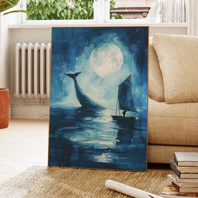 Whale Under the Moon Watercolor Painting | Whale Print | Whale and Boat ...