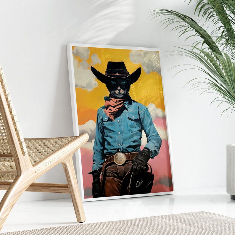 a poster of a cat dressed as a cowboy, wearing a blue shirt, jeans, and a cowboy hat, standing against a colorful background.