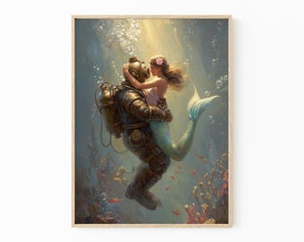 Impresión de pintura de sirena vintage / Arte mural costero náutico para decoración de casa de playa / CBS1