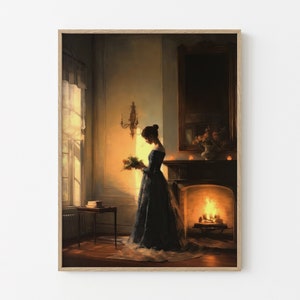 Vintage European Portrait Woman Reading Painting Print, Interior Scene, Antique Painting, Antique Wall Decor