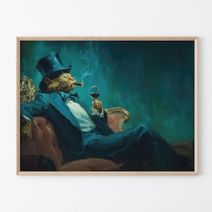 Gentleman Cat Sipping Wine Oil Painting Print | Bar Cart Decor | Cat Poster | Wine Print  | Trendy Kitchen Decor | Dining Room Print | GCS3