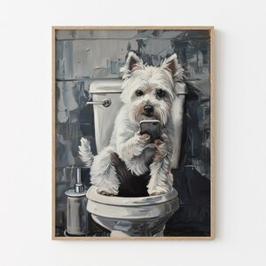 Stampa raffigurante un Westie seduto sul water con il telefono / Westie con il telefono / Divertente immagine di un cane e di un animale da parete per il bagno, regalo / WSO4