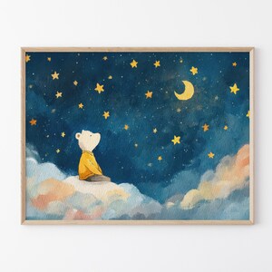 Stampe e dipinti a tema orsacchiotto per cameretta del bambino / Stelle celesti, nuvole, luna / Bambino e bambina / Genere unisex, sognante, pastello, boho / Stampa luna / BNT3