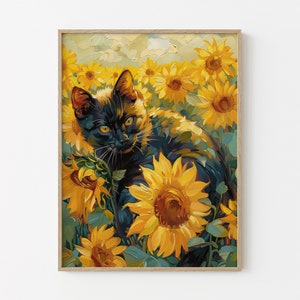 Stampa di pittura a olio di girasole vintage con gatto / Ispirato a Van Gogh Girasoli Natura morta / Regalo di belle arti Arte murale / VSC1