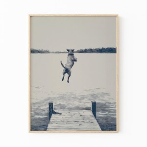 Happy Dog Jumping Off Dock Illustration | Happy Summertime Dog Sketch Art | Coastal Decor | Boat House Art | Gift for Dog Lovers | HDJ5