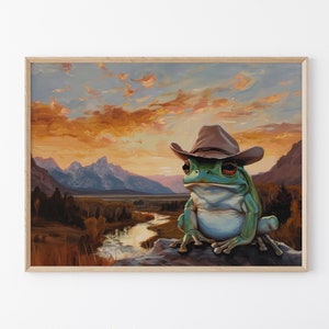 Stampa di pittura di rana cowboy / Arte murale vintage western / Decorazione estetica del selvaggio West alla moda / Regalo di stampe carine / CFP3