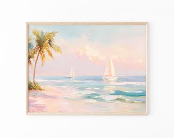 Pastel Sailboats Painting Print | Coastal Seascape Wall Art | Minimalist Ocean Beach Decor | FCL1