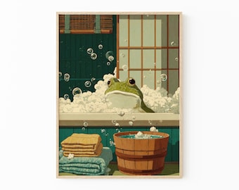 Japanese Frog in a Bathtub Art Print | Relaxing Japandi Bathroom Wall Decor | DBC4