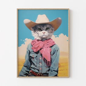 Stampa artistica surreale di un cowboy con gatto bianco - Decorazione per animali domestici eccentrica e occidentale, ritratto retrò di una cowgirl, arte murale miagolante WCC1