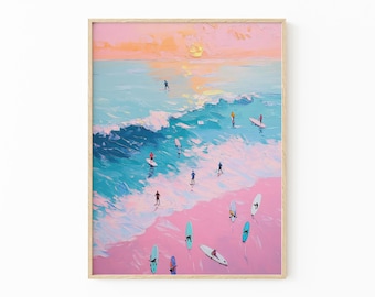 Beachy Wall Art Painting Print |  Aesthetic Pink Surf Art | Aerial Surfing Painting | Summer Ocean Print | Girly Decor | BWA1