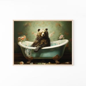 Impresión de pintura al óleo de oso en la bañera / Arte divertido para la pared del baño, impresión surrealista de oso negro, arte animal caprichoso, humor negro BIT2