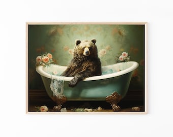 Impression de peinture à l'huile ours dans la baignoire | Art mural drôle de salle de bain, impression surréaliste d'ours noir, art animalier fantaisiste, humour noir BIT2