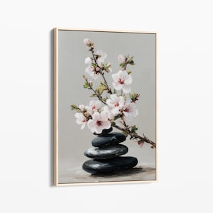 Floral Zen Stones White Oil Painting Canvas Print | Bathroom Wall Decor | Bathroom Canvas Art Prints | Bathroom Art | New House Gift | FZS8